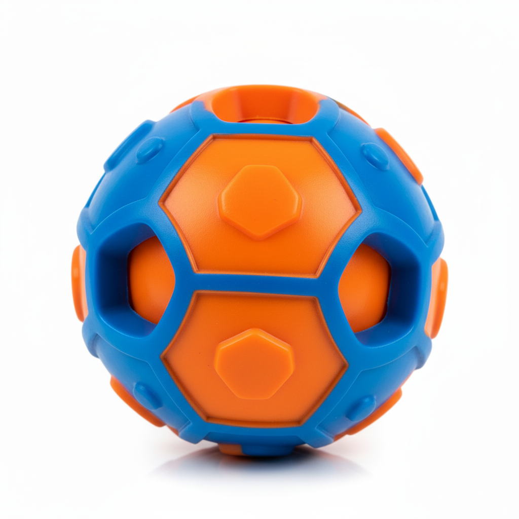 Blue and orange hexagonal dog rubber ball toy